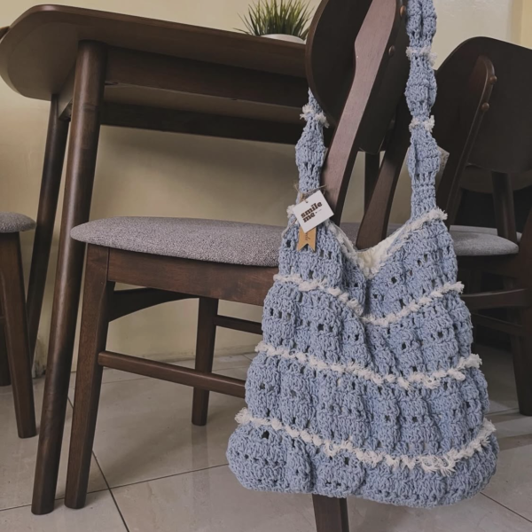 SmileMeStudio Blue Crochet Boho Tote Bag with White Frills