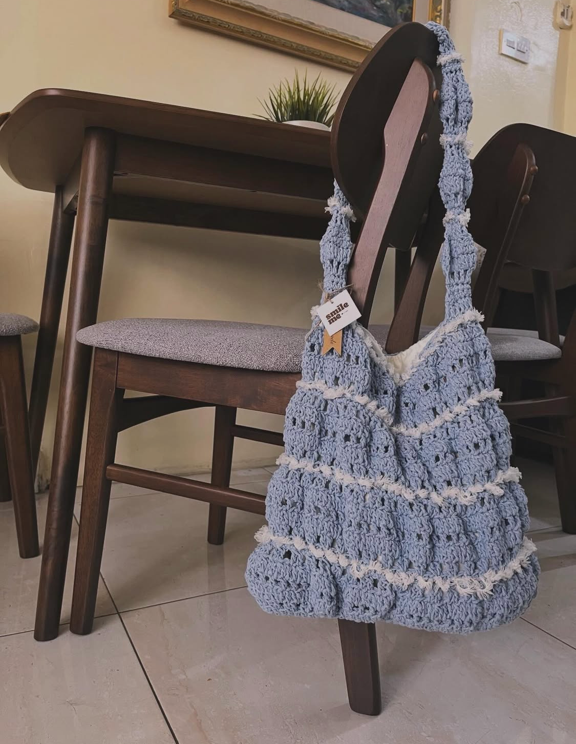 SmileMeStudio Blue Crochet Boho Tote Bag with White Frills