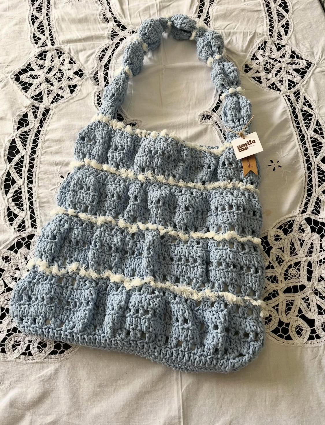 SmileMeStudio Blue Crochet Boho Tote Bag with White Frills - Image 2